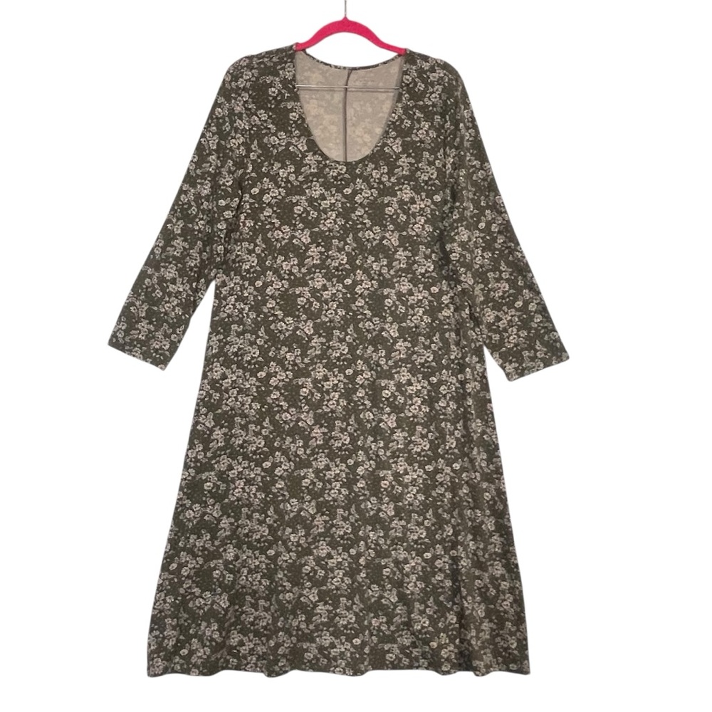 Garnet Hill Seamed Knit Trapeze Green Floral Stretch Tencel Blend Casual Dress L - Picture 5 of 10